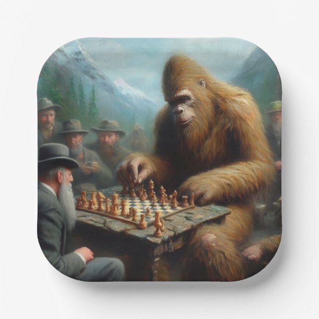 Bigfoot Playing Chess Paper Plates (Front)
