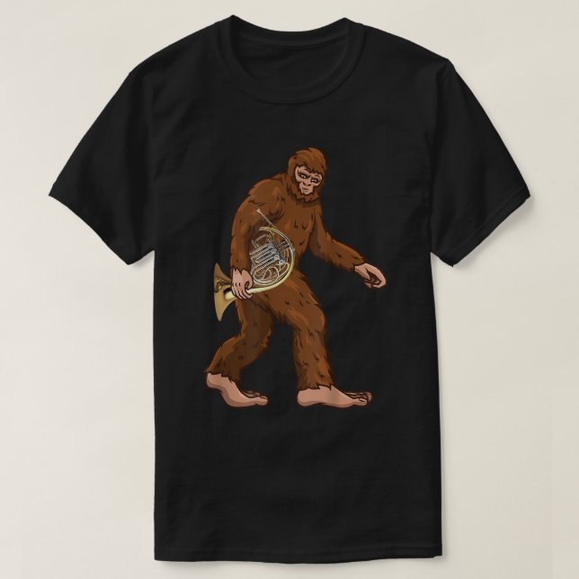 Bigfoot Playing French Horn Player Musician Funny  T-Shirt (Design Front)
