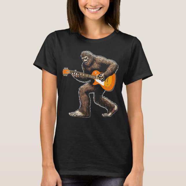 Bigfoot playing guitar left hand guitarist funny  T-Shirt (Front)