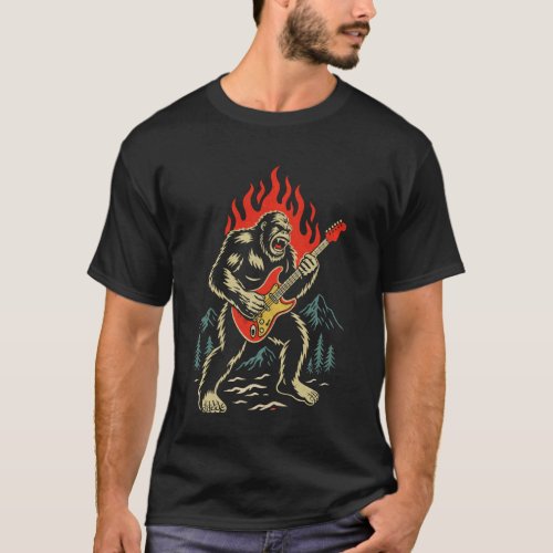 Bigfoot Playing Guitar Rock Music Band Sasquatch F T-Shirt