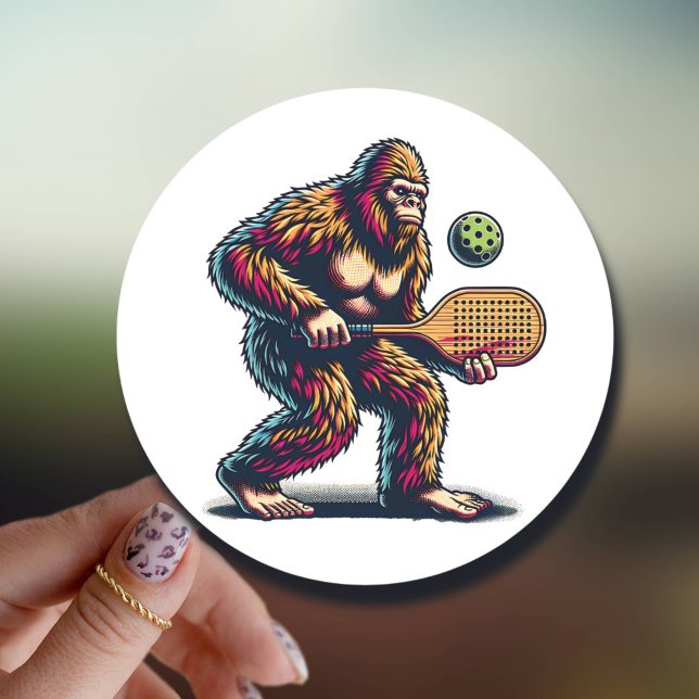 Bigfoot Playing Pickleball Funny Cartoon  Classic Round Sticker (Creator Uploaded)
