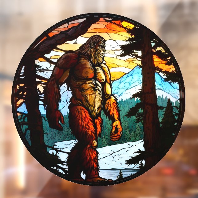 Bigfoot Prowls Mountain Forest Faux Stained Glass Window Cling (Sheet 2)
