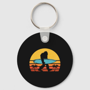 Bigfoot Retro Surfing , Tropical Sasquatch Surfer  Keychain