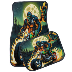 Bigfoot Rides a Roaring Motorbike Car Floor Mat