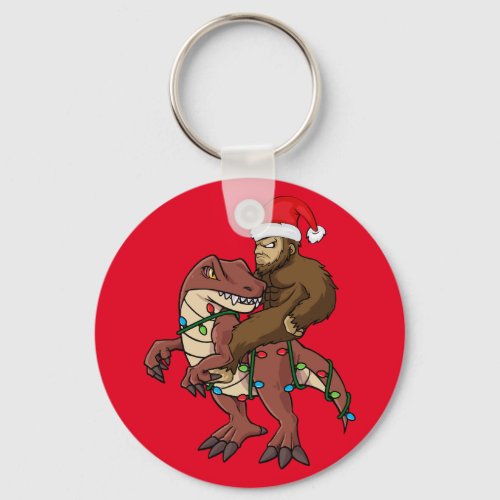 Bigfoot Riding Dinosaur Christmas Lights Button Keychain