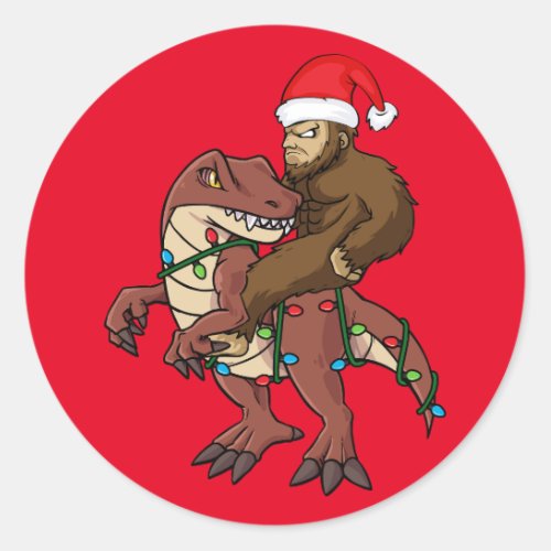 Bigfoot Riding Dinosaur Christmas Lights Classic Round Sticker