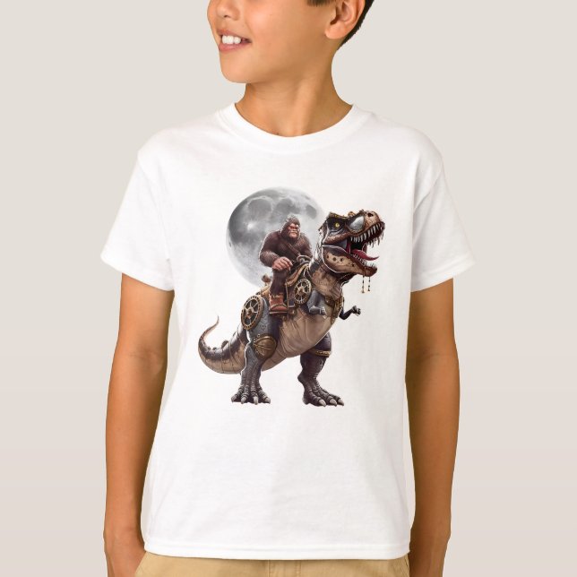 Bigfoot Riding Dinosaur Funny Sasquatch T-Shirt (Front)