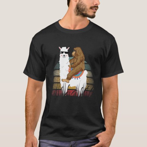 Bigfoot Riding Llama Sasquatch Retro T_Shirt