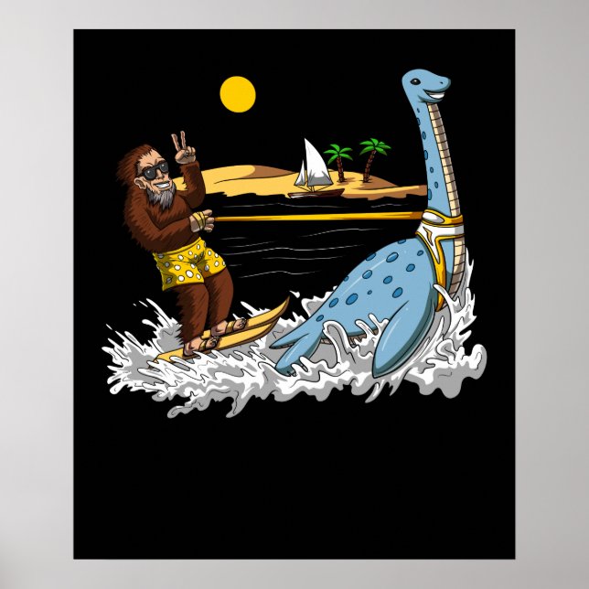 Bigfoot Riding Loch Ness Monster Funny Conspiracy Poster (Front)