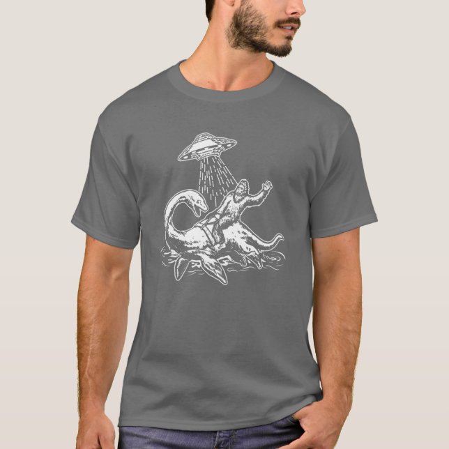 Bigfoot Riding Loch Ness Monster Funny UFO Sasquat T-Shirt (Front)