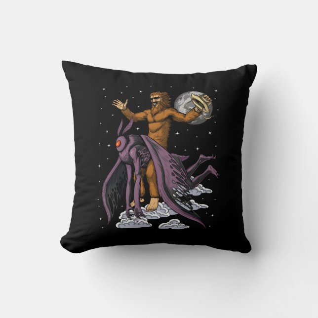 Bigfoot Riding Mothman Throw Pillow (Front)