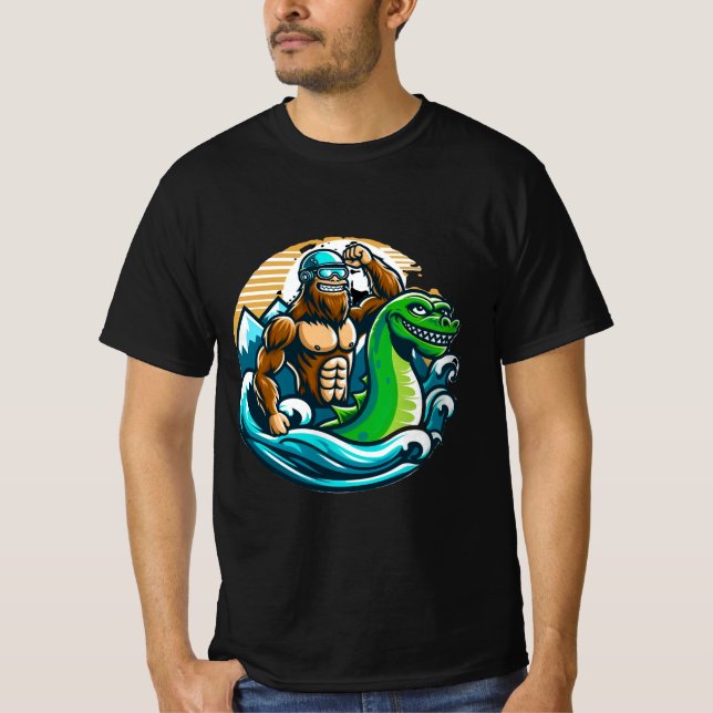 Bigfoot Riding Nessie  T-Shirt (Front)