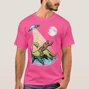 Bigfoot Riding Nessie Ufo Aliens At Night Funny R T-Shirt