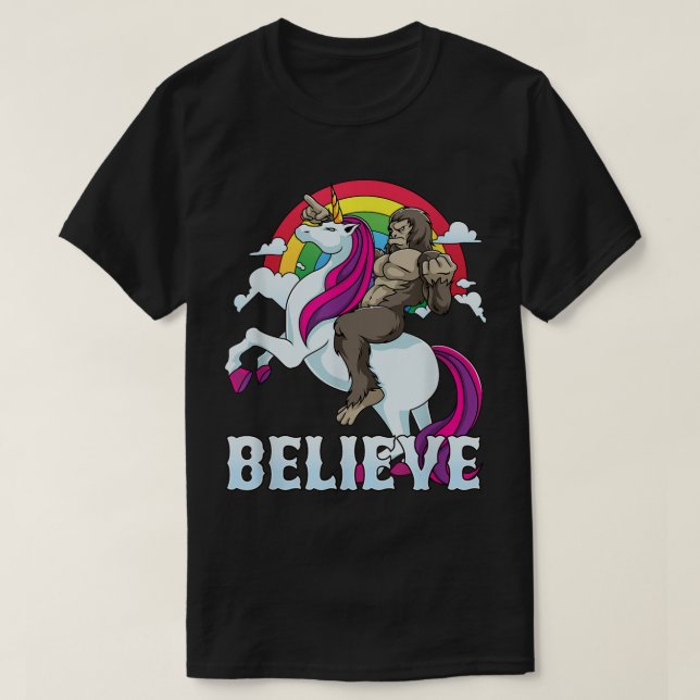 Bigfoot Riding Unicorn Rainbow Sasquatch Believe G T-Shirt (Design Front)