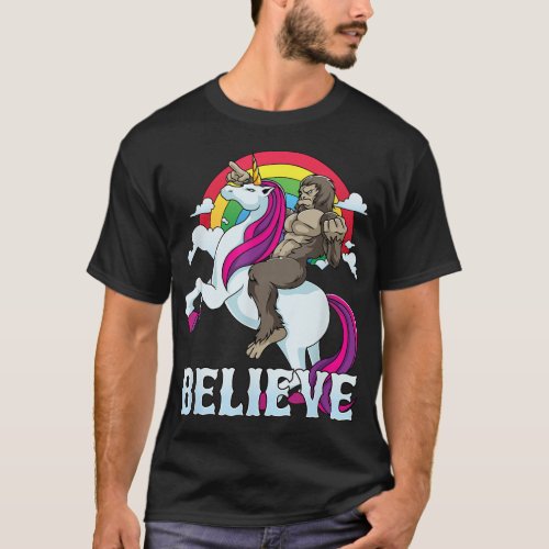 Bigfoot Riding Unicorn Rainbow Sasquatch Believe G T_Shirt