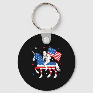Bigfoot Riding Unicorn Usa Flag Independence Day 4 Keychain