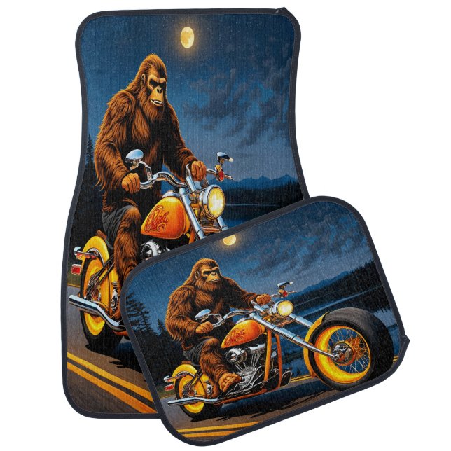 Bigfoot Roars Away on a Motorcycle Car Floor Mat (Set)