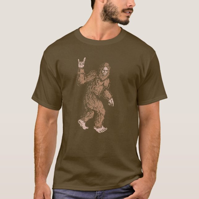 Bigfoot Rock And Roll Sasquatch Hand Symbol Believ T-Shirt (Front)