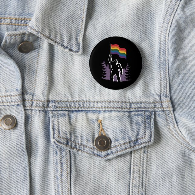 Bigfoot Rock On LGBTQ Progressive New Pride Flag  Button (In Situ)