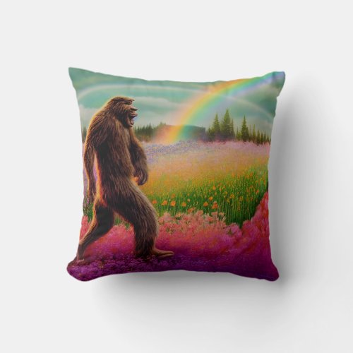 Bigfoot running through a field of flowers throw pillow