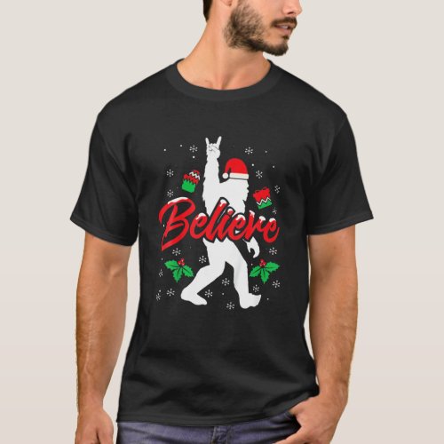 Bigfoot Santa Believe Funny Bigfoot Christmas Rock T_Shirt