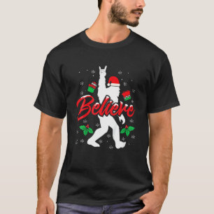 Bigfoot Santa Believe Funny Bigfoot Christmas Rock T-Shirt