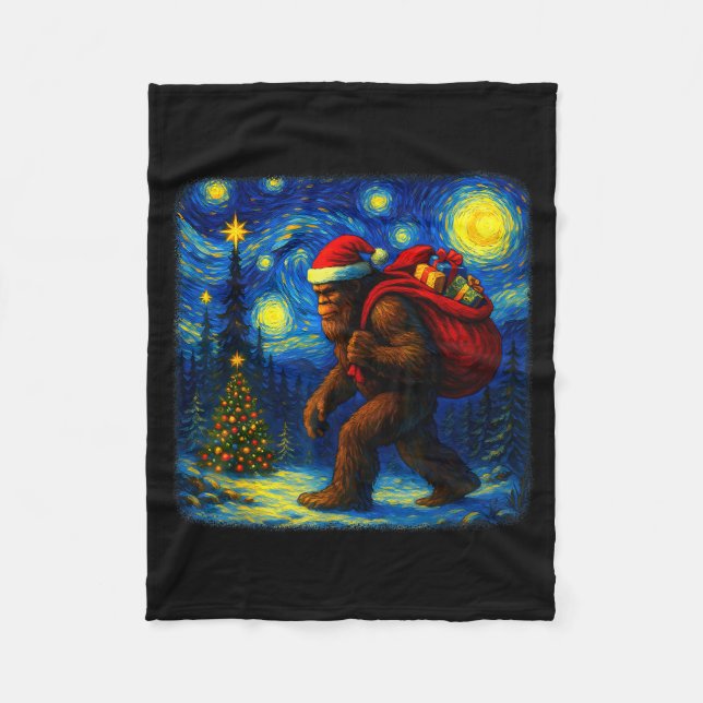 Bigfoot Santa Christmas Starry Night Sasquatch Van Fleece Blanket (Front)