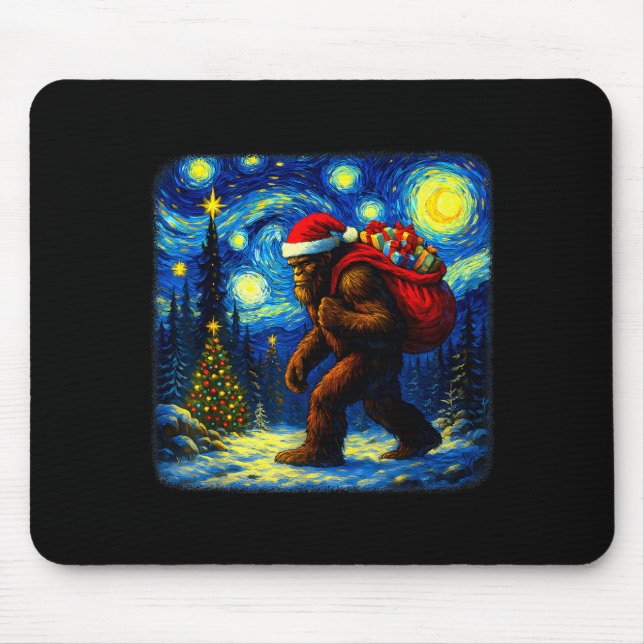 Bigfoot Santa Christmas Starry Night Sasquatch Van Mouse Pad (Front)