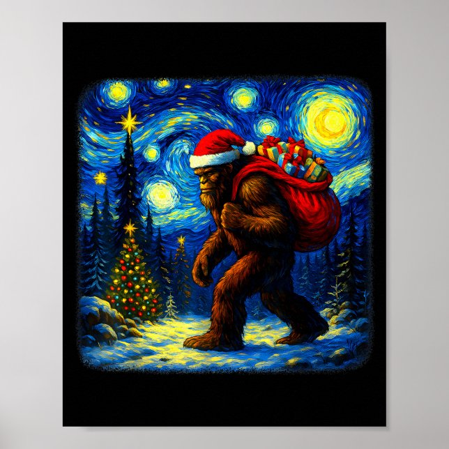 Bigfoot Santa Christmas Starry Night Sasquatch Van Poster (Front)