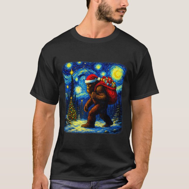 Bigfoot Santa Christmas Starry Night Sasquatch Van T-Shirt (Front)