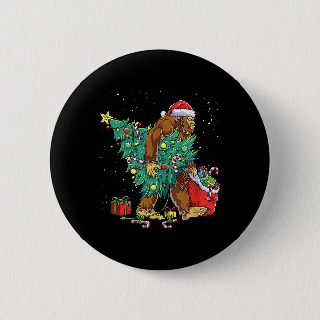 Bigfoot Santa Christmas Tree Lights Funny Xmas Sas Button (Front)