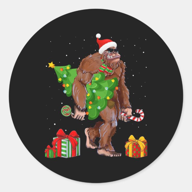 Bigfoot Santa Christmas Tree Lights Funny Xmas Sas Classic Round Sticker (Front)