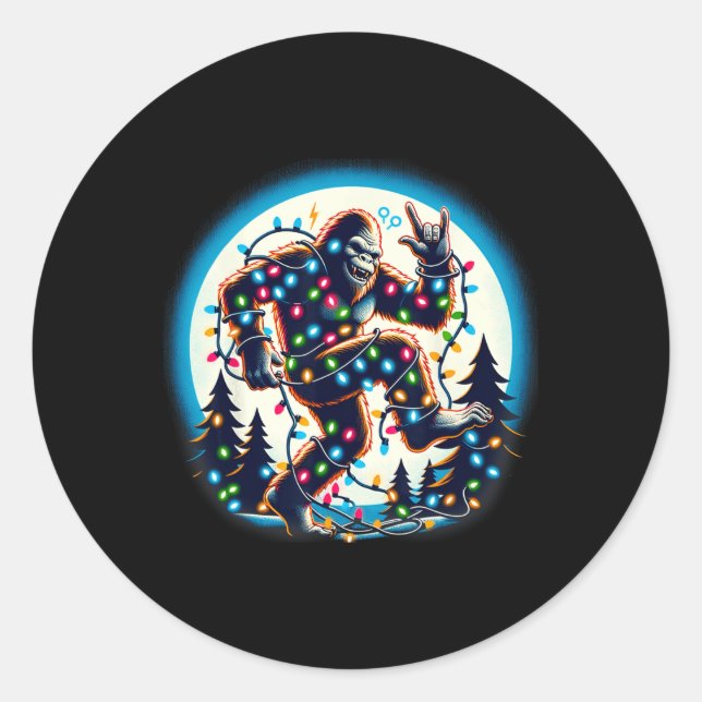 Bigfoot Santa Christmas Tree Lights Funny Xmas Sas Classic Round Sticker (Front)