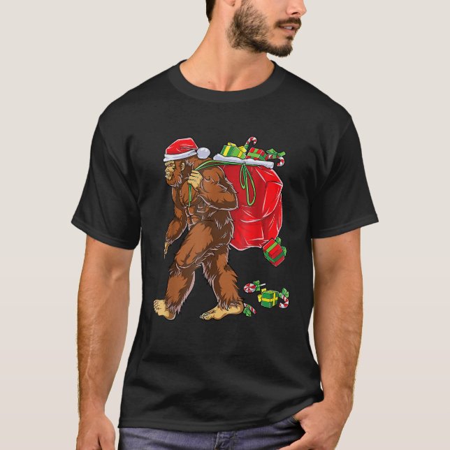 Bigfoot Santa Christmas Tree Lights Funny Xmas Sas T-Shirt (Front)