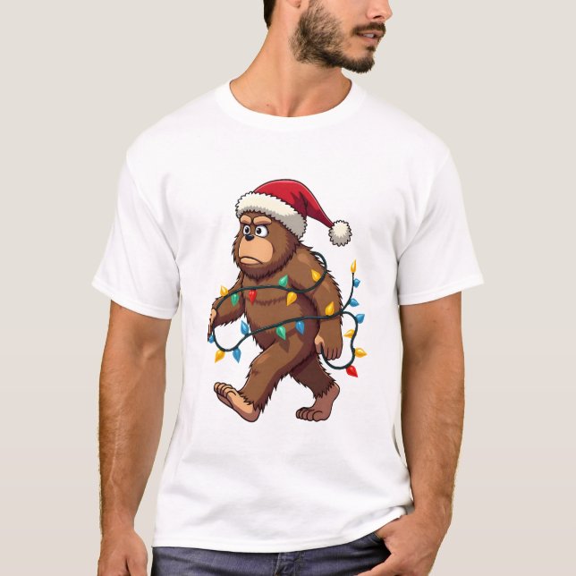 Bigfoot Santa Christmas Tree Lights Xmas Boys Men T-Shirt (Front)
