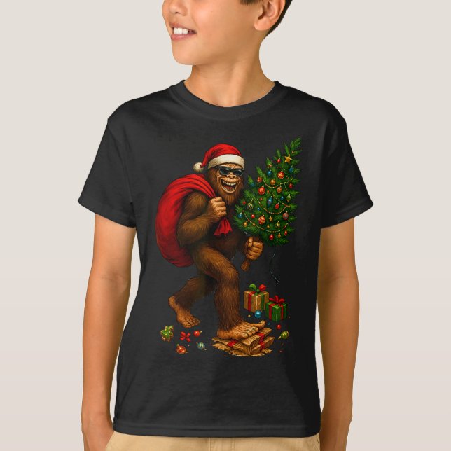 Bigfoot Santa Christmas Tree Lights Xmas Boys Men  T-Shirt (Front)