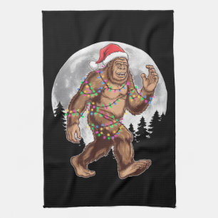 Bigfoot Santa Christmas Tree Lights Xmas Sasquatch Kitchen Towel
