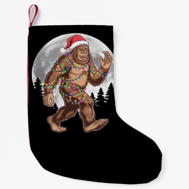 Bigfoot Santa Christmas Tree Lights Xmas Sasquatch Small Christmas Stocking (Front)
