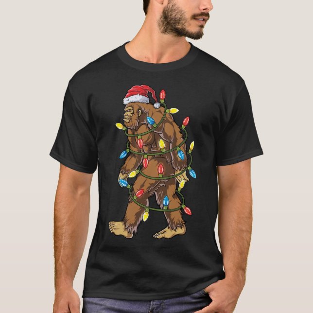 Bigfoot Santa Christmas Tree Lights Xmas Sasquatch T-Shirt (Front)