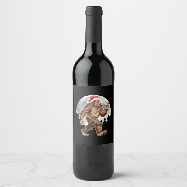 Bigfoot Santa Christmas Tree Lights Xmas Sasquatch Wine Label (Front)