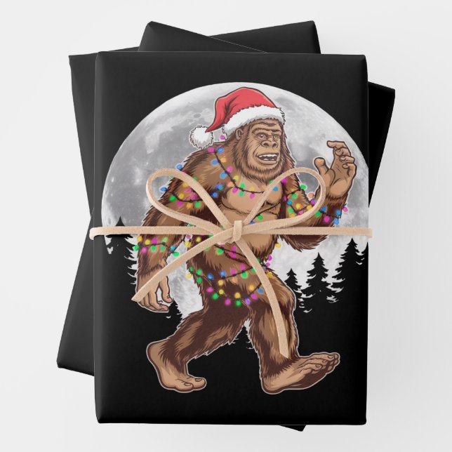 Bigfoot Santa Christmas Tree Lights Xmas Sasquatch Wrapping Paper Sheets (In situ)