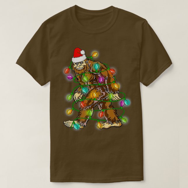 Bigfoot Santa Christmas Tree Lights Xmas T-Shirt (Design Front)