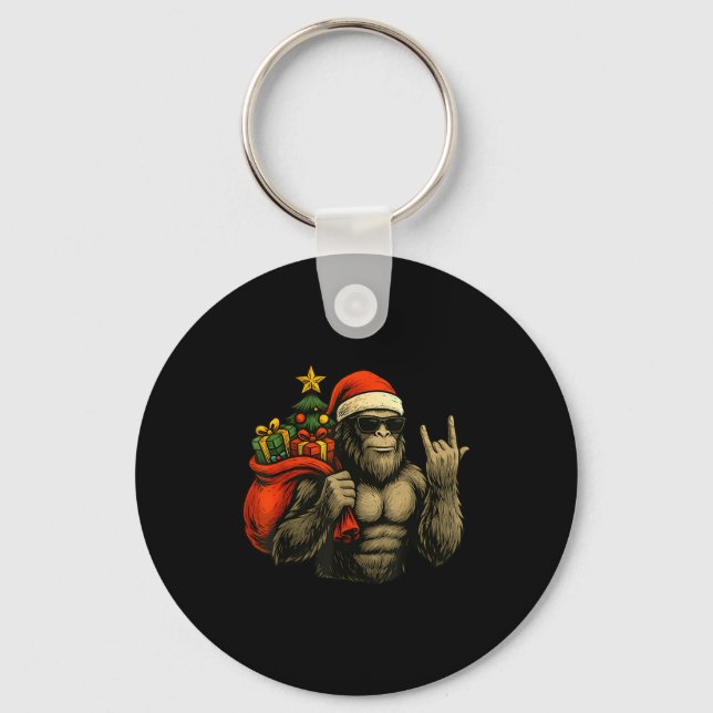 Bigfoot Santa Christmas Tree Rock On Funny Xmas Sa Keychain (Front)