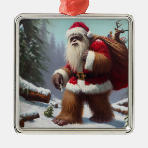 Bigfoot Santa Claus Metal Ornament