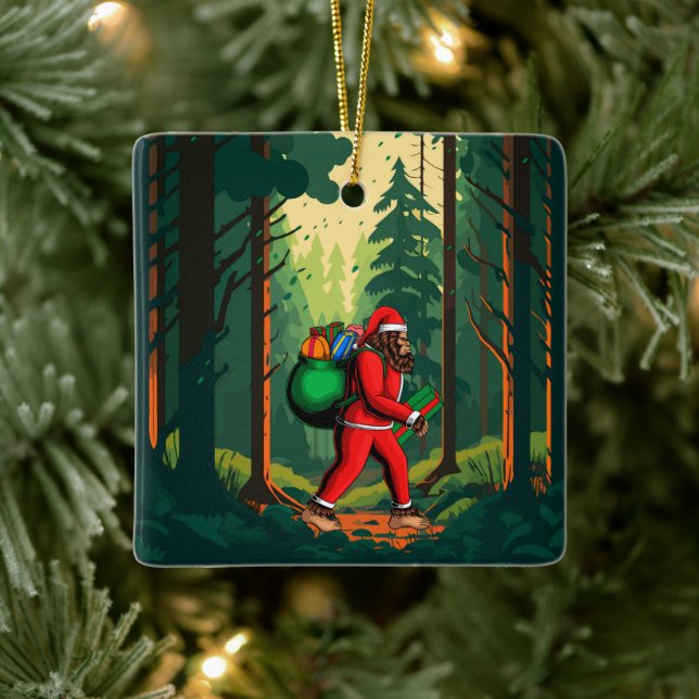 Bigfoot Santa Claus Sack of Gifts Ceramic Ornament (Tree)