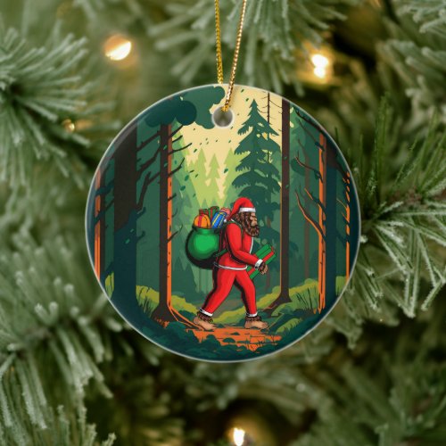 Bigfoot Santa Claus Sack of Gifts Ceramic Ornament