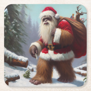 Bigfoot Santa Claus Square Paper Coaster