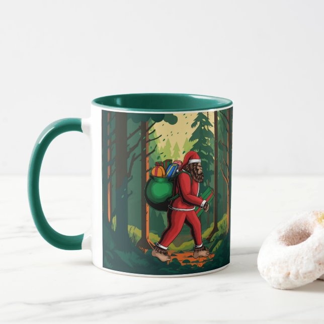 Bigfoot Santa Forest Delivering Presents Funny Mug (With Donut)