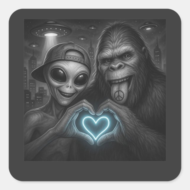 Bigfoot Sasquatch Alien Love Hand Sign Square Sticker (Front)