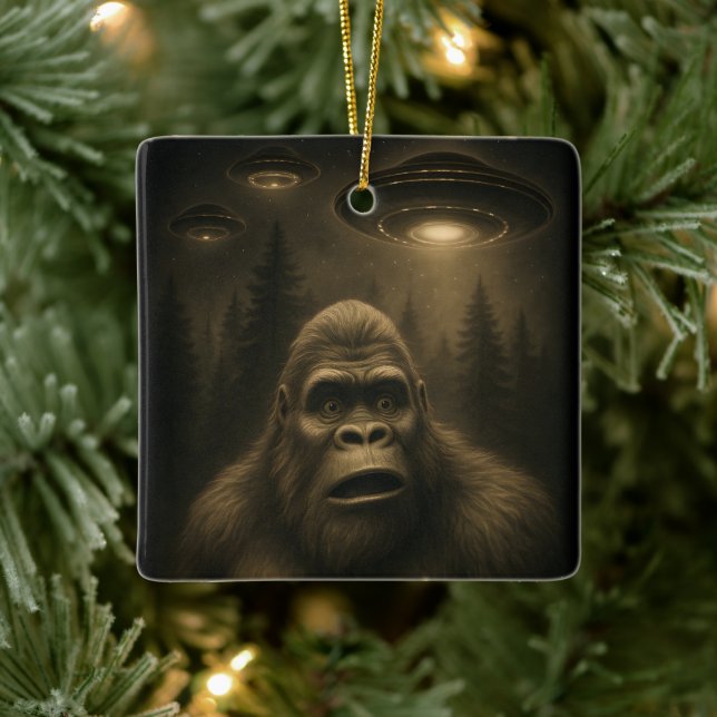 Bigfoot Sasquatch Alien UFO Funny Ceramic Ornament (Tree)